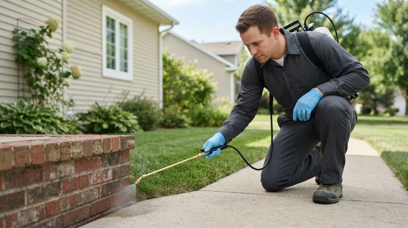 Pest control technician treating a home near Milan, NH